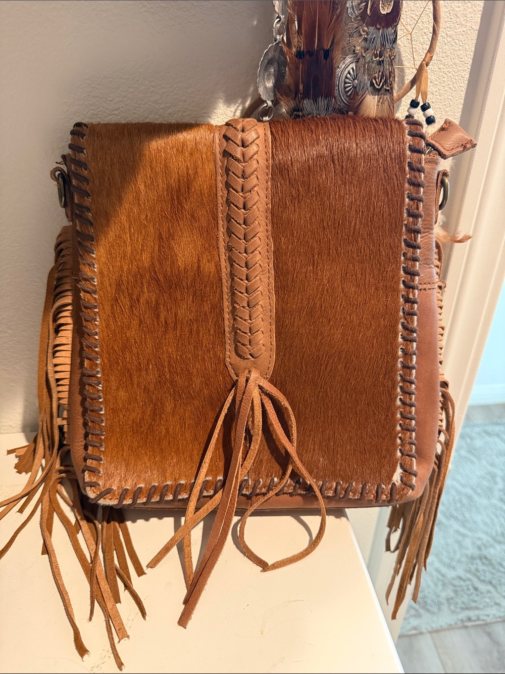 Women's Brown Leather Fringe Crossbody Bag